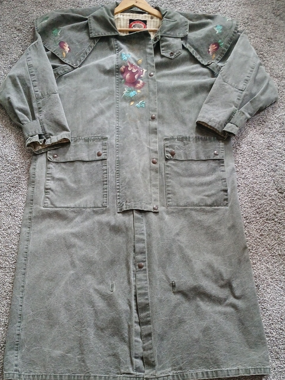 Vintage Handpainted Olive Green Long Women's Coat Sz.M